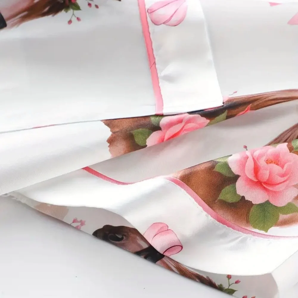 Horse and Flower Pajamas Set Equestrian Style Size S White Pink Satin